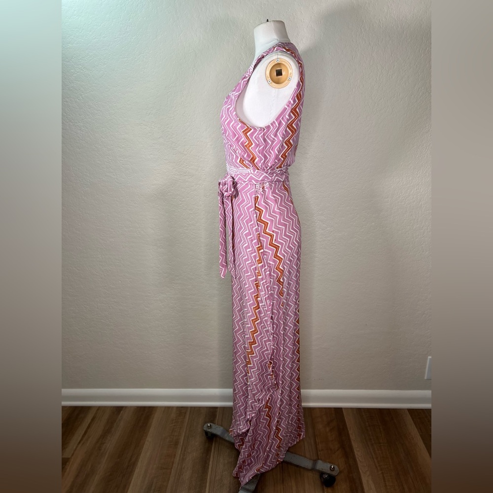 Natalie Martin Printed 100% Silk Wrap Tie Waist Chevron Maxi Dress SZ Large EUC - Picture 8 of 15